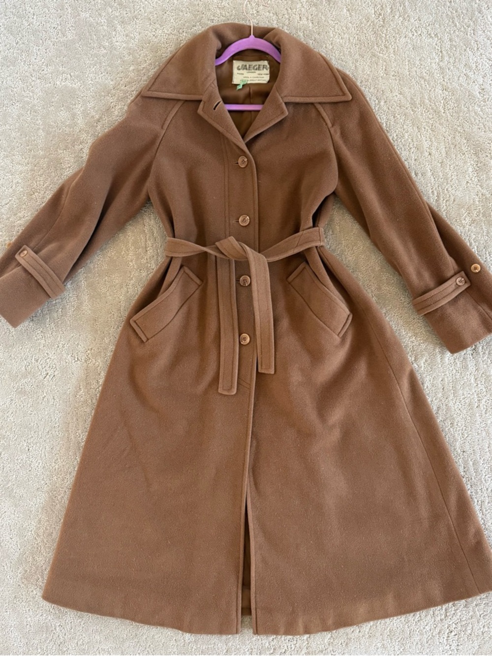 Vintage 60s Jaeger Camelhair Wool Princess Swing Coat Belted Brown Made England - Picture 2 of 8